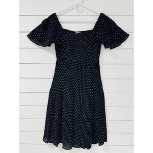Ott Black Polka Dot Smocked Mini Dress Flutter Sleeve Cottagecore Square Neck